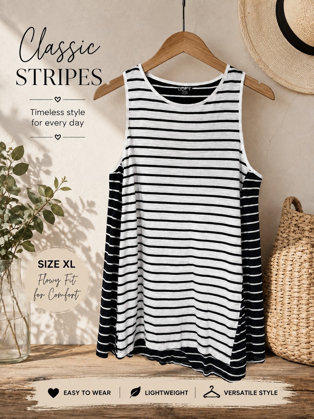LOFT Black & White Striped Tank Top